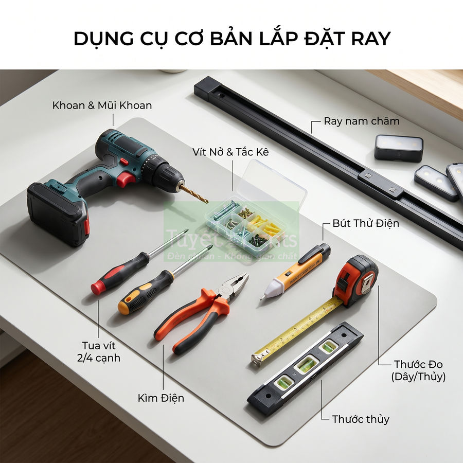 Bộ dụng cụ cơ bản lắp đặt ray gồm máy khoan, tua vít, kìm điện, thước dây, thước thủy và hộp vít nở