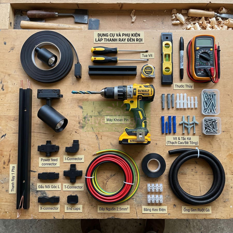 Bộ dụng cụ và phụ kiện lắp thanh ray đèn rọi với máy khoan pin Dewalt và các chi tiết đi kèm