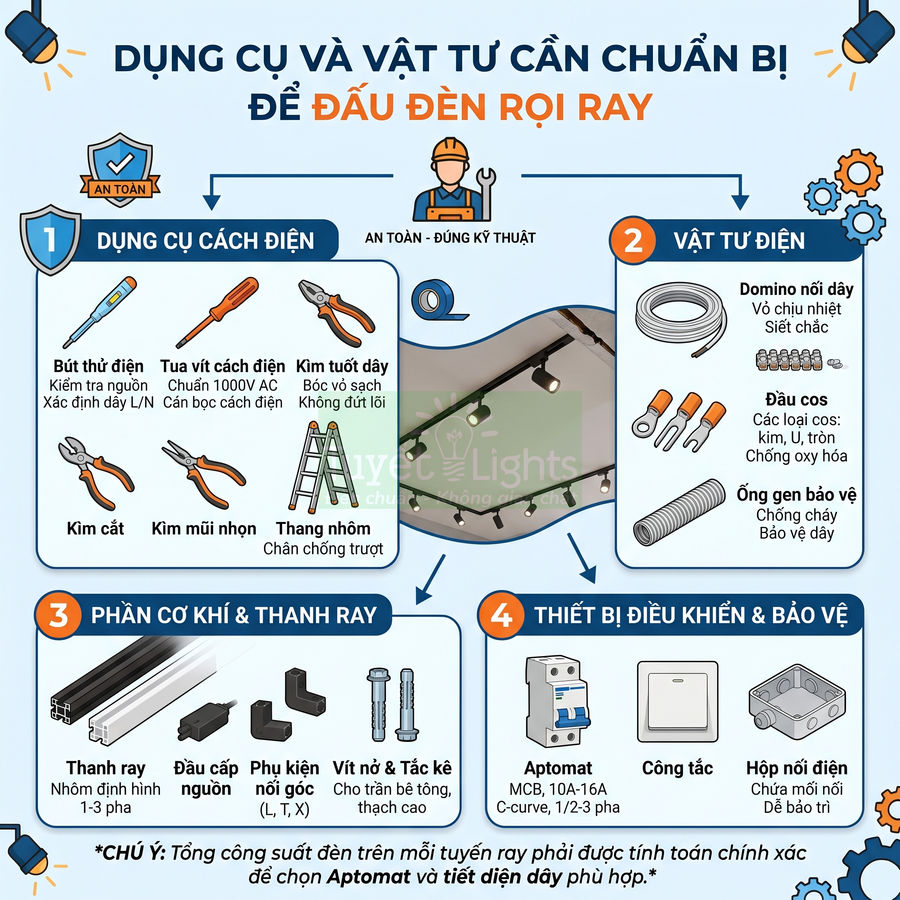 Hướng dẫn chuẩn bị dụng cụ và vật tư để lắp đặt đèn rọi ray chi tiết bằng hình minh họa