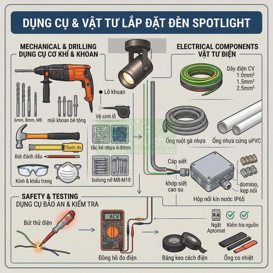 Dụng cụ và vật tư lắp đặt đèn spotlight gồm khoan, dây điện, ống nhựa, hộp nối, bút thử và đồng hồ đo điện