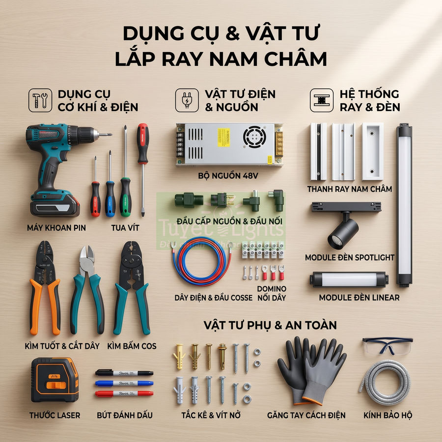 Bộ dụng cụ và vật tư lắp ray nam châm gồm máy khoan, tua vít, kìm, nguồn 48V, thanh ray và module đèn