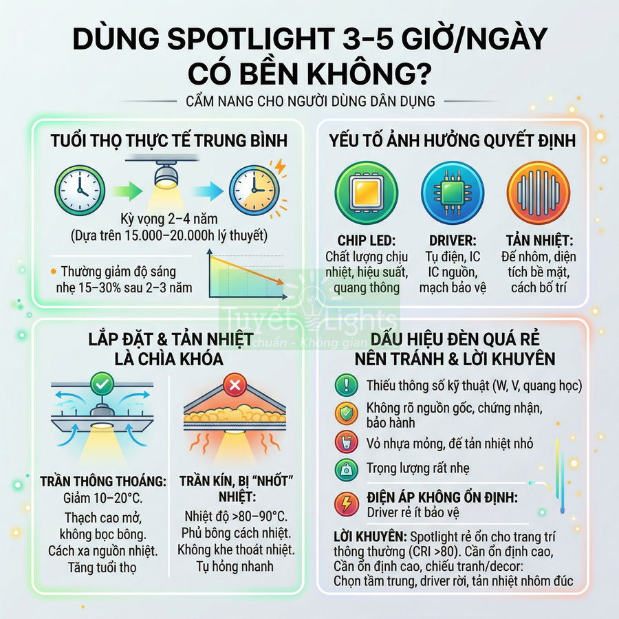 Infographic hướng dẫn chọn và sử dụng đèn spotlight LED bền, lưu ý tuổi thọ, tản nhiệt, lắp đặt và tránh mua đèn giá rẻ