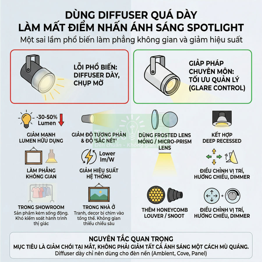 Infographic so sánh đèn spotlight dùng diffuser dày và giải pháp tối ưu quản lý chói với lens mỏng, honeycomb louver, điều chỉnh góc chiếu