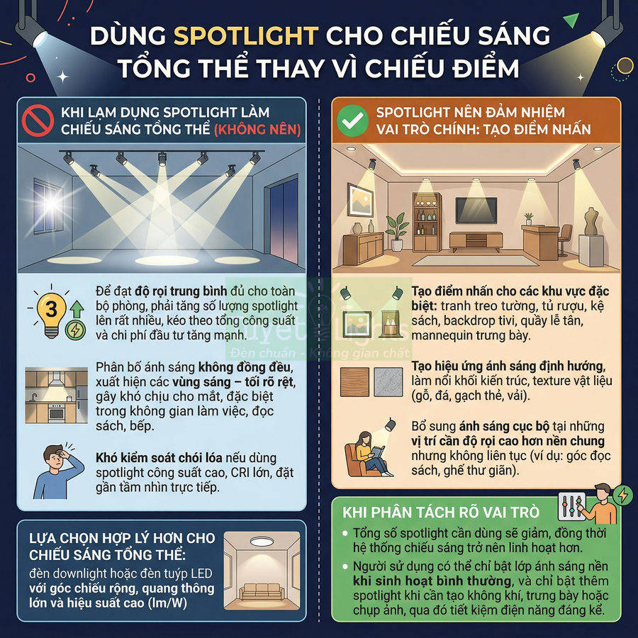 Hướng dẫn dùng đèn spotlight và đèn downlight LED cho chiếu sáng tổng thể và tạo điểm nhấn trong phòng khách
