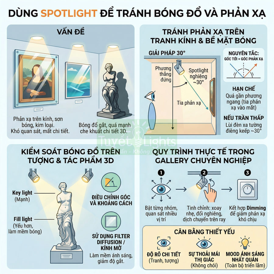 Infographic hướng dẫn dùng đèn spotlight chiếu tranh kính và tượng 3D để giảm bóng đổ và phản xạ trong gallery