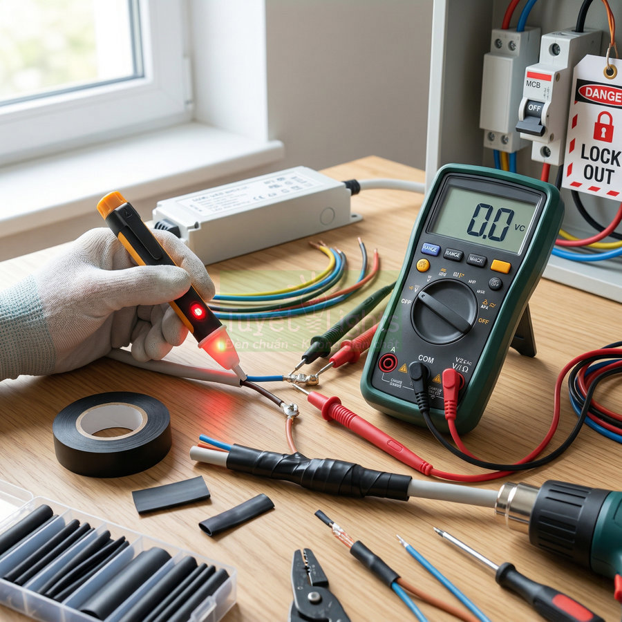 Thợ điện dùng bút thử điện và đồng hồ vạn năng kỹ thuật số kiểm tra dây dẫn trên bàn làm việc