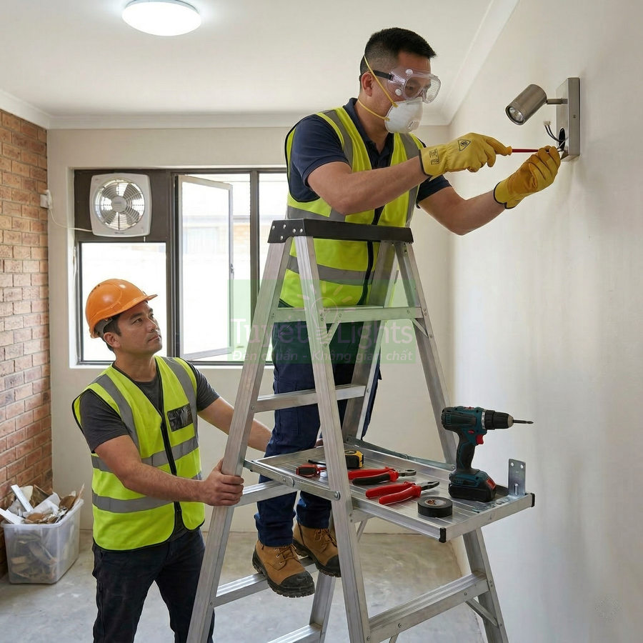 Thợ điện lắp đèn tường trong nhà bằng thang nhôm, sử dụng bộ dụng cụ và máy khoan điện