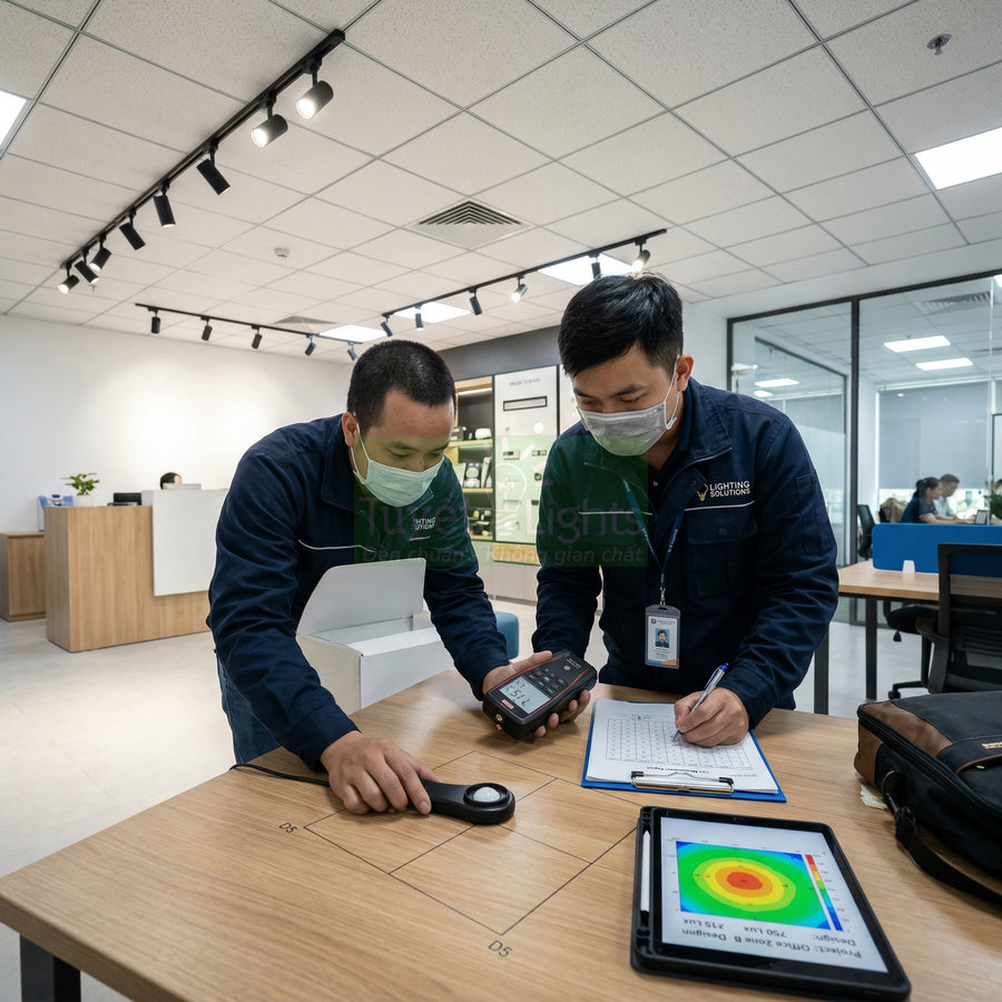 Kỹ sư đo cường độ ánh sáng bằng máy đo lux và cảm biến trên bàn trong văn phòng hiện đại