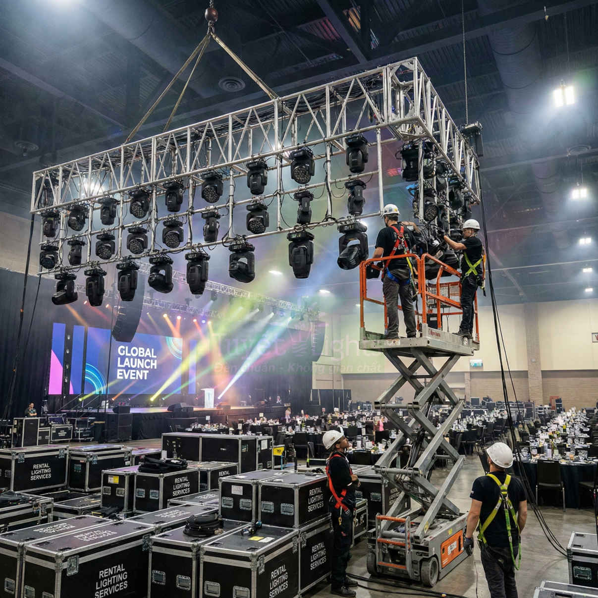 Kỹ thuật viên lắp đặt hệ thống đèn sân khấu chuyên nghiệp cho sự kiện ra mắt toàn cầu trong nhà