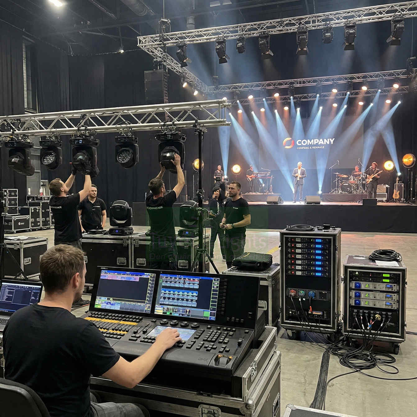 Kỹ thuật viên điều khiển bàn mixer ánh sáng và âm thanh chuyên nghiệp cho sân khấu biểu diễn trực tiếp