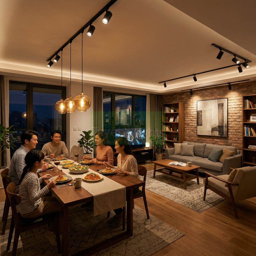 Bộ đèn trần hiện đại chiếu sáng phòng ăn và phòng khách gỗ ấm cúng trong căn hộ gia đình