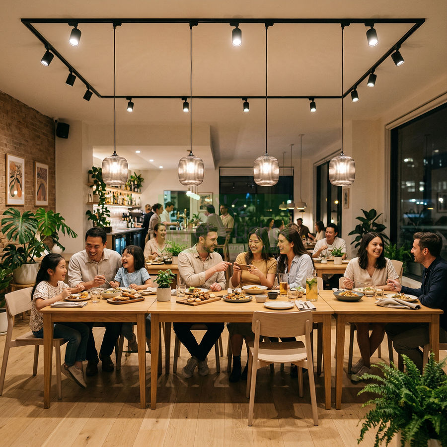 Nhóm gia đình và bạn bè dùng bữa tối tại nhà hàng ấm cúng với nhiều món ăn trên bàn gỗ