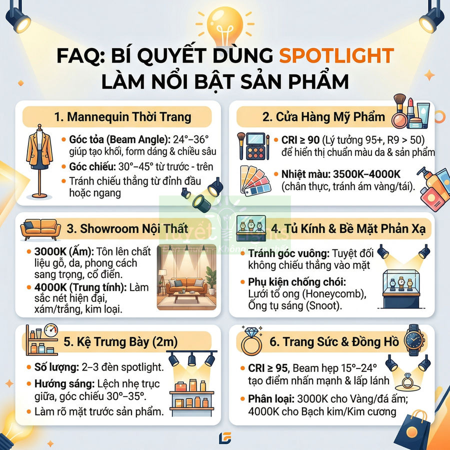 Infographic bí quyết dùng đèn spotlight chiếu sáng mannequin, mỹ phẩm, nội thất, tủ kính, kệ trưng bày, trang sức đồng hồ