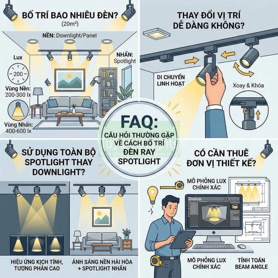 Hướng dẫn bố trí đèn ray spotlight trong phòng khách với minh họa cách lắp đặt và điều chỉnh ánh sáng