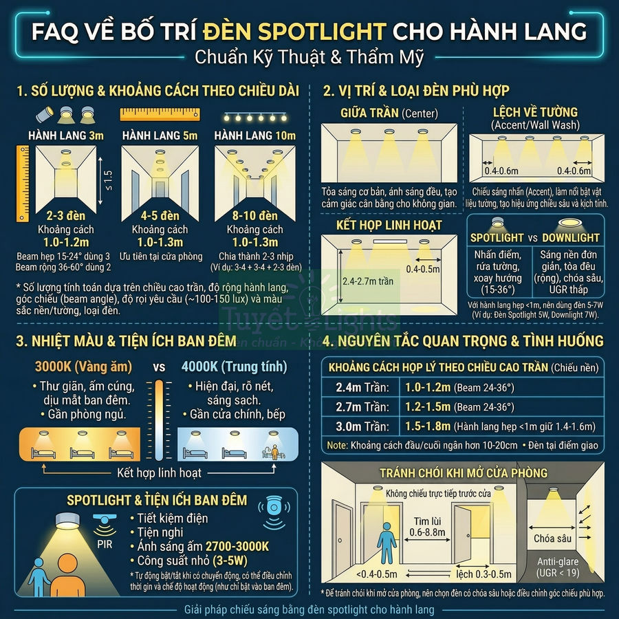 Infographic hướng dẫn bố trí đèn spotlight chiếu sáng hành lang chuẩn kỹ thuật và thẩm mỹ