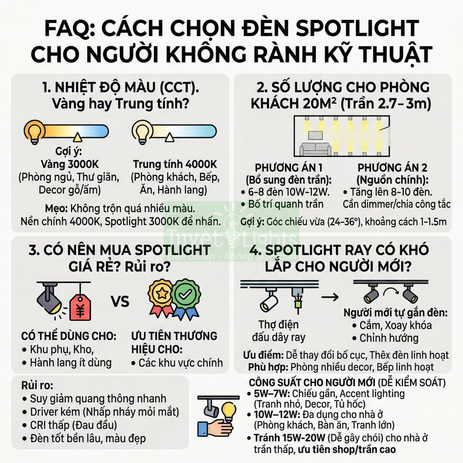 Infographic hướng dẫn cách chọn đèn spotlight cho người không rành kỹ thuật, so sánh nhiệt độ màu, số lượng và cách lắp đặt