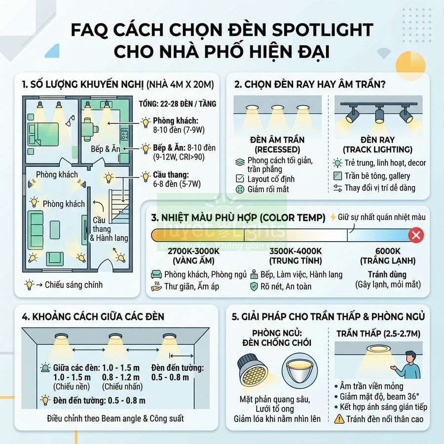 Hướng dẫn chọn đèn spotlight âm trần và đèn ray cho nhà phố hiện đại, nêu số lượng, khoảng cách và nhiệt màu phù hợp