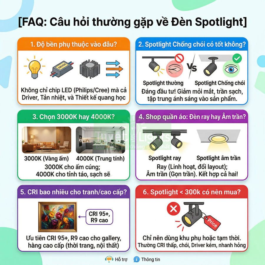 Infographic giải đáp câu hỏi thường gặp khi chọn mua đèn spotlight cho nhà ở và cửa hàng