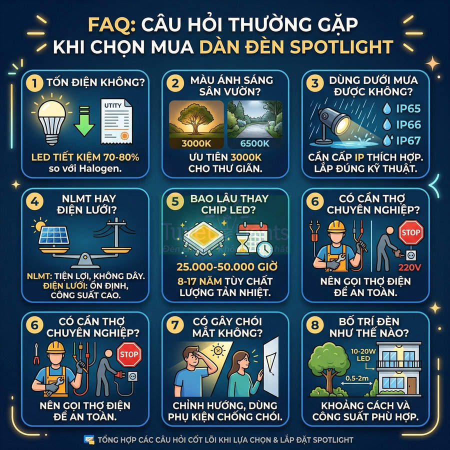 FAQ hướng dẫn chọn mua dàn đèn spotlight LED tiết kiệm điện, chọn màu sáng, chống nước và lắp đặt an toàn