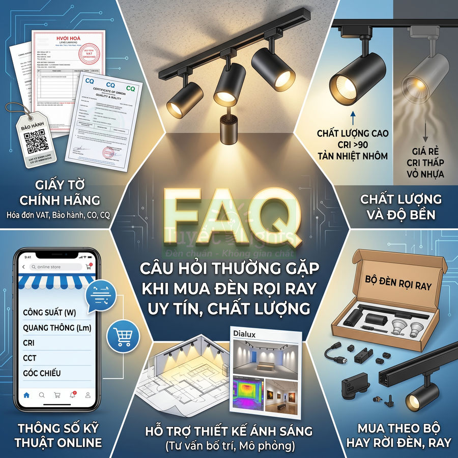 Hướng dẫn chọn mua đèn rọi ray chất lượng, hình ảnh bộ đèn ray, phụ kiện, thông số kỹ thuật và giấy tờ bảo hành