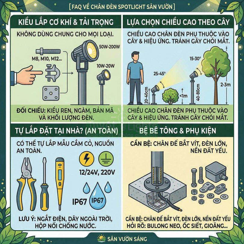 Hướng dẫn chọn chân đèn spotlight sân vườn, chiều cao lắp đặt, an toàn điện và phụ kiện bệ bê tông