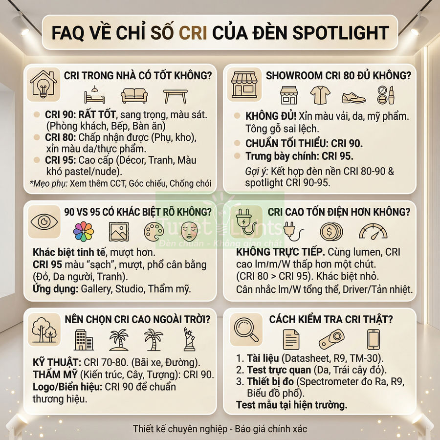 Bảng FAQ giải thích chỉ số CRI của đèn spotlight cho nhà ở, showroom và ngoài trời