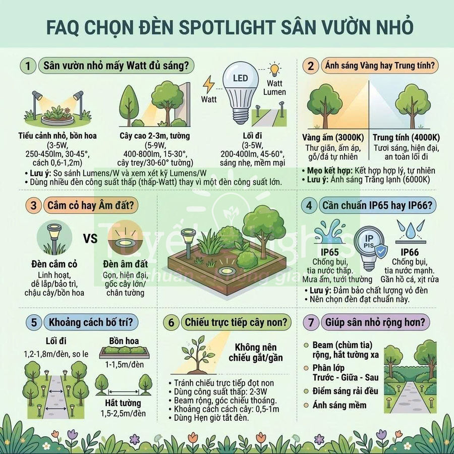 Hướng dẫn chọn đèn spotlight sân vườn nhỏ với minh họa cách bố trí và thông số kỹ thuật chi tiết