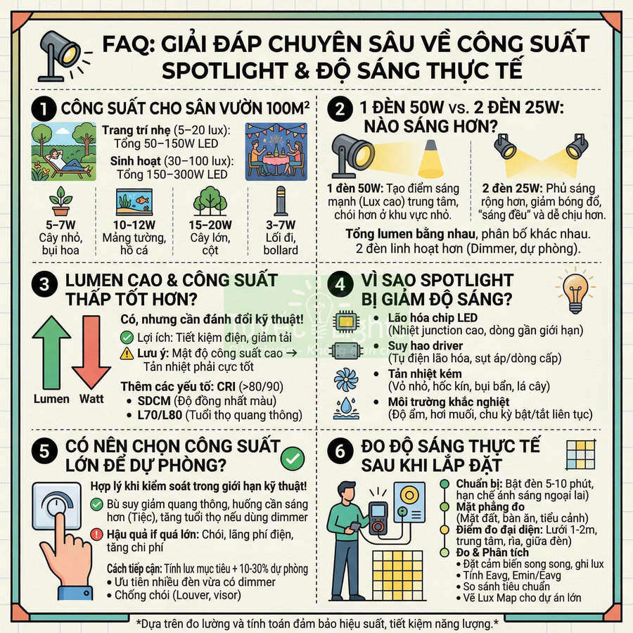 Infographic hướng dẫn chọn công suất spotlight LED sân vườn, so sánh độ sáng và cách đo độ sáng thực tế