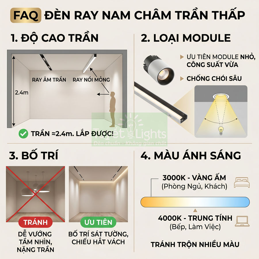 Hướng dẫn chọn và lắp đặt đèn ray nam châm trần thấp, cách bố trí và màu ánh sáng phù hợp phòng ngủ, phòng khách