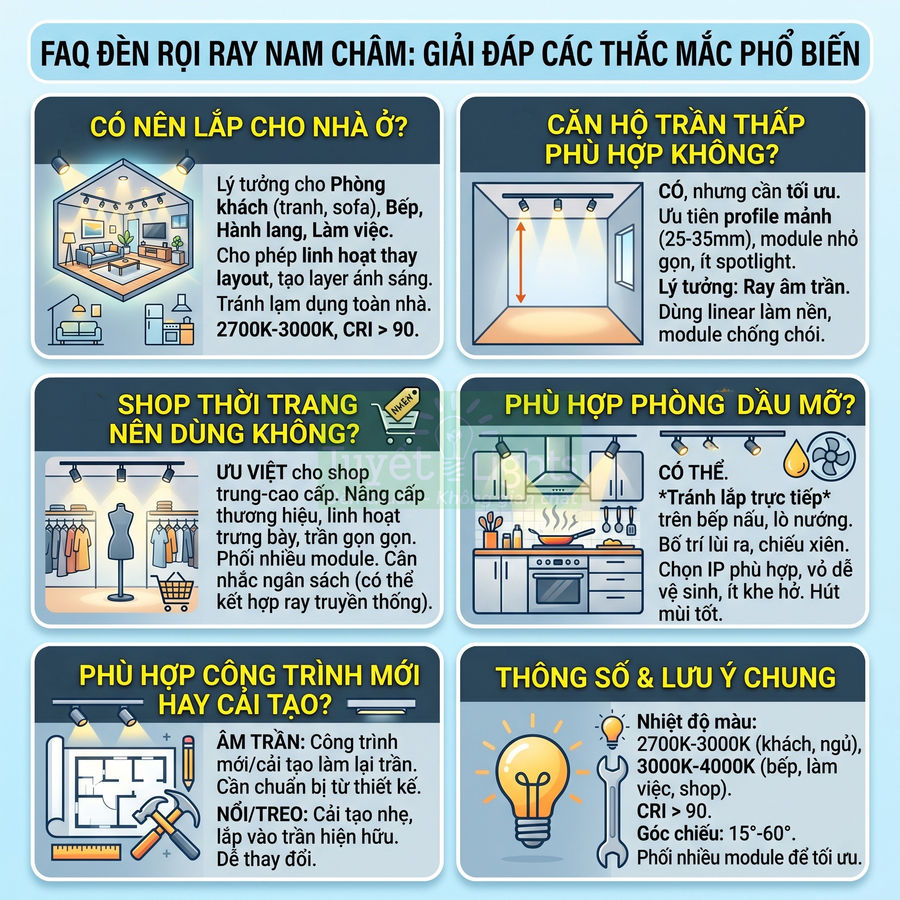 Infographic FAQ đèn rọi ray nam châm, giải đáp ứng dụng cho nhà ở, shop thời trang, bếp, trần thấp và công trình mới cải tạo
