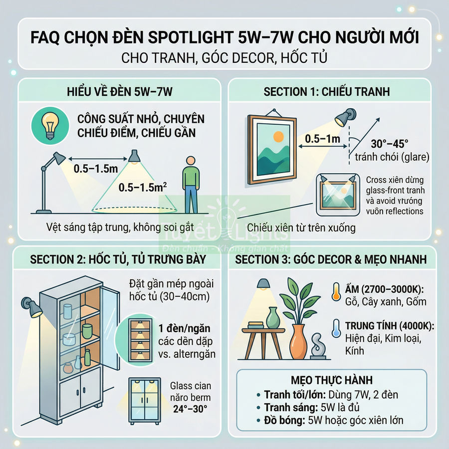 Infographic hướng dẫn chọn đèn spotlight 5W 7W chiếu tranh, góc decor và hốc tủ trưng bày