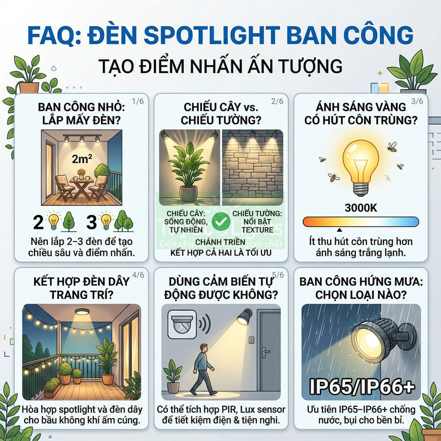 Infographic hướng dẫn chọn đèn spotlight ban công, số lượng đèn, cảm biến, ánh sáng vàng và chuẩn chống nước IP65 IP66