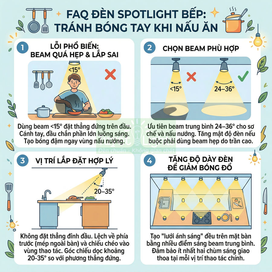 Hướng dẫn chọn và lắp đặt đèn spotlight cho bếp để tránh bóng tay khi nấu ăn