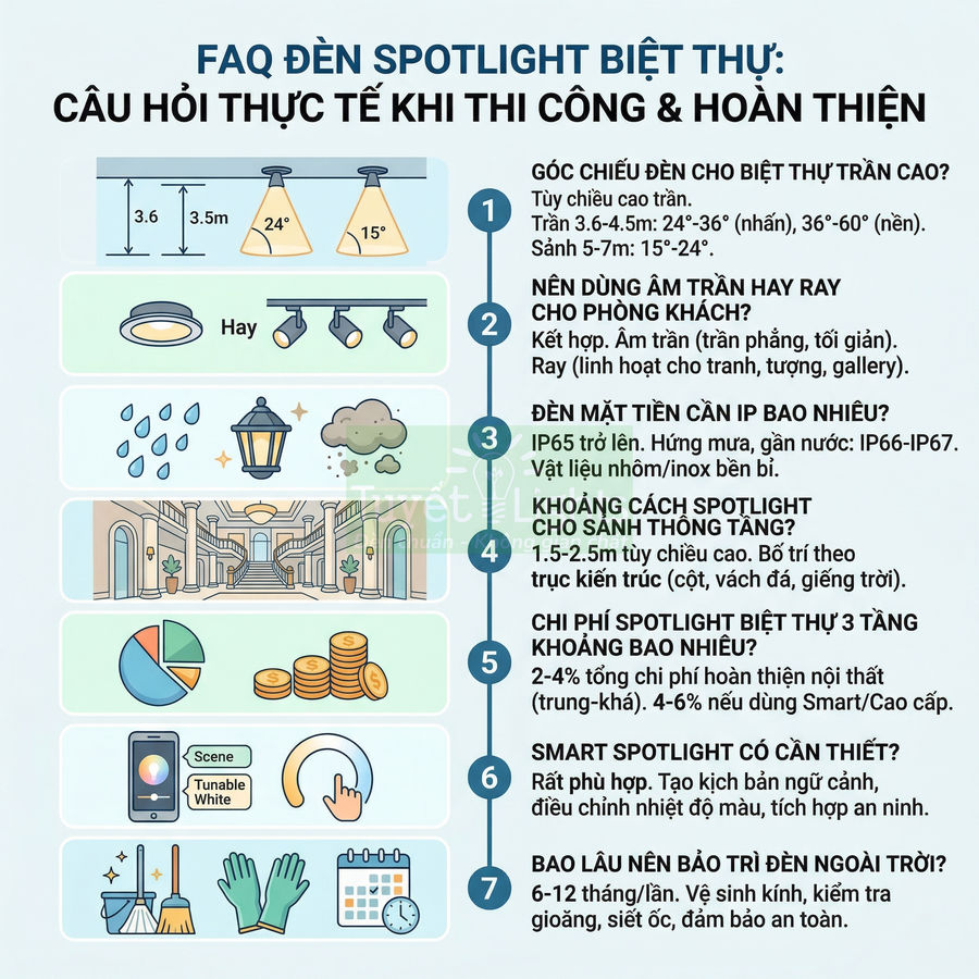 Infographic hướng dẫn chọn và lắp đặt đèn spotlight biệt thự, giải đáp các câu hỏi thi công và hoàn thiện