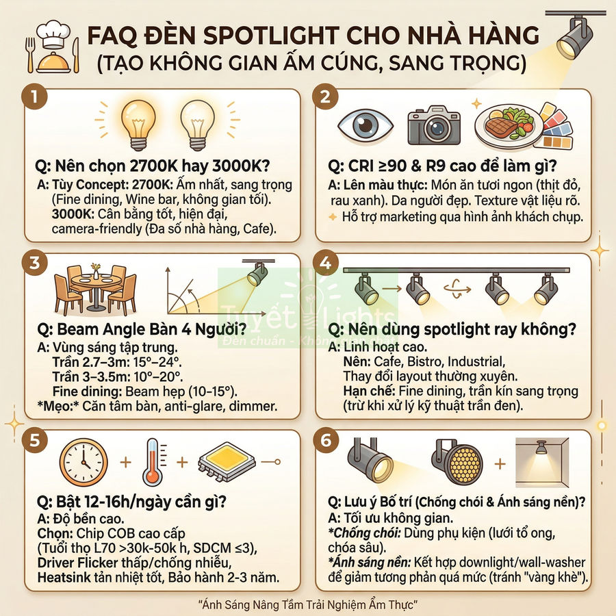 Infographic hướng dẫn chọn đèn spotlight ray cho nhà hàng, tư vấn nhiệt độ màu, CRI, beam angle và cách bố trí ánh sáng