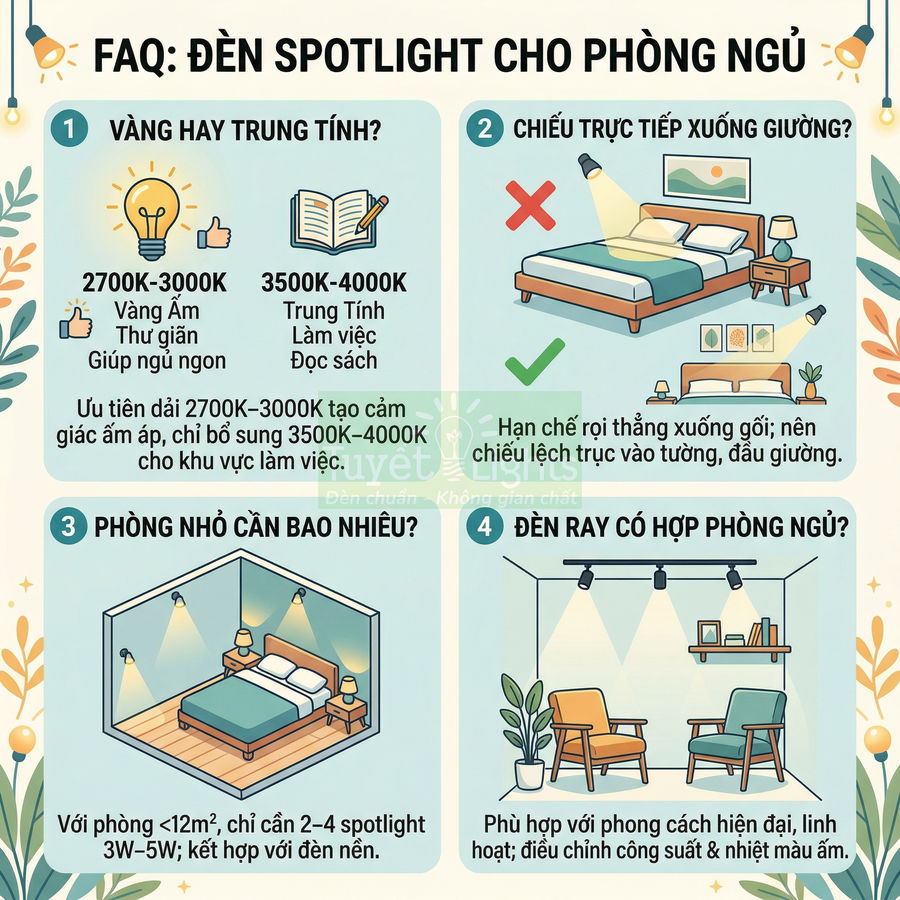 Hướng dẫn chọn đèn spotlight và đèn ray cho phòng ngủ nhỏ, gợi ý màu ánh sáng và cách bố trí chiếu sáng hợp lý