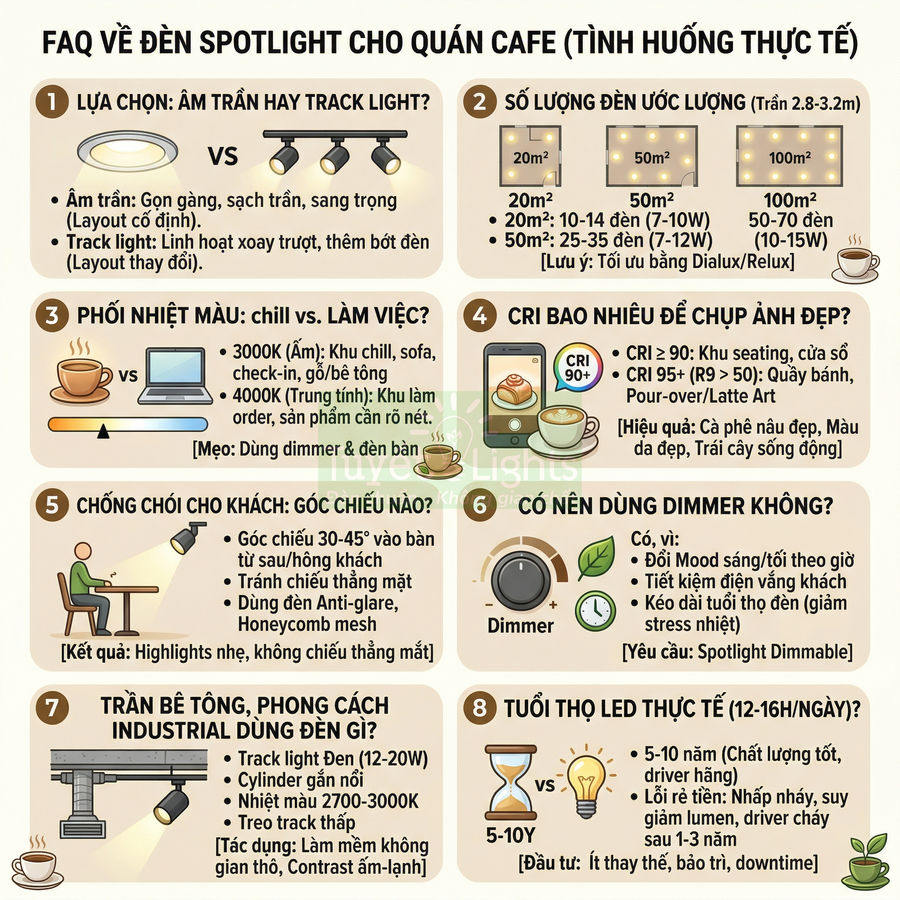 Infographic hướng dẫn chọn đèn spotlight LED cho quán cafe với các tiêu chí số lượng, CRI, dimmer và tuổi thọ