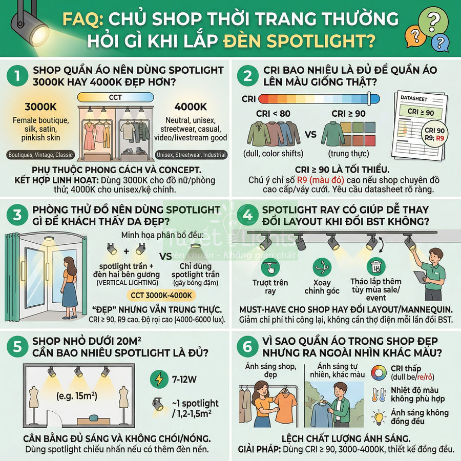 Infographic hướng dẫn chọn đèn spotlight CRI cao cho shop quần áo thời trang, tối ưu ánh sáng trưng bày sản phẩm