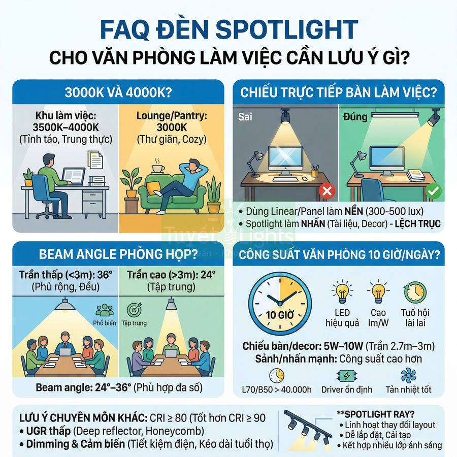 Infographic hướng dẫn chọn đèn spotlight văn phòng: nhiệt độ màu, góc chiếu, công suất và lưu ý lắp đặt
