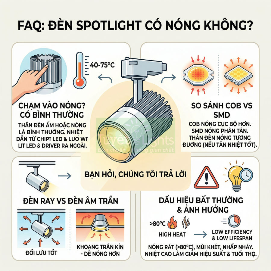Infographic giải thích đèn spotlight LED có nóng không, so sánh COB và SMD, ưu nhược điểm đèn ray và đèn âm trần
