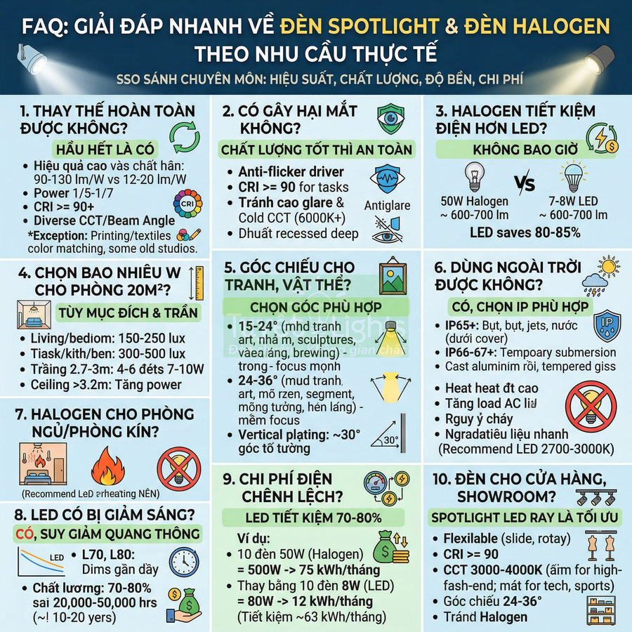 Infographic so sánh đèn spotlight LED và đèn halogen về hiệu suất, chất lượng ánh sáng, chi phí và ứng dụng thực tế