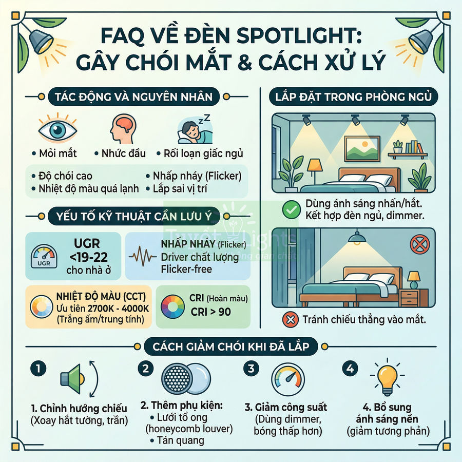Infographic hướng dẫn chọn và lắp đặt đèn spotlight chống chói cho phòng ngủ và cách giảm chói mắt