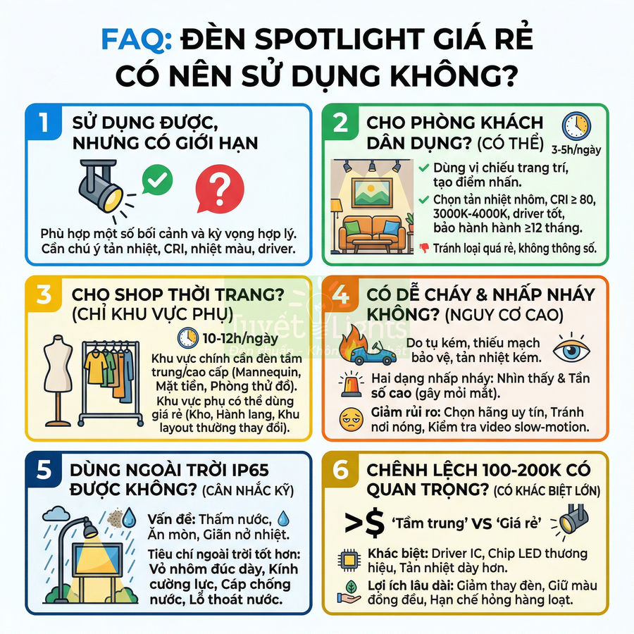 Infographic tư vấn có nên dùng đèn spotlight giá rẻ cho phòng khách, shop thời trang và ngoài trời