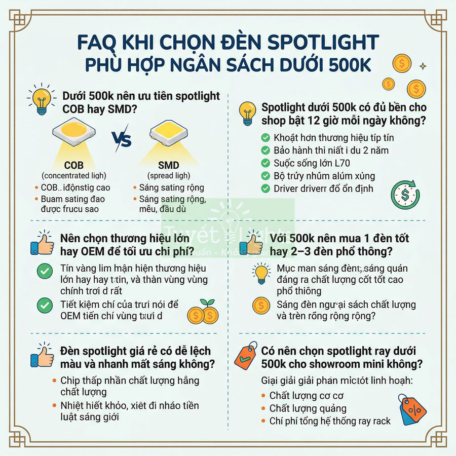 Infographic FAQ chọn đèn spotlight LED giá dưới 500k so sánh COB và SMD, tư vấn thương hiệu và độ bền