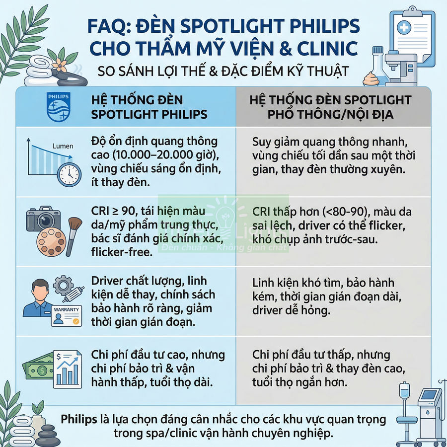Infographic so sánh ưu điểm đèn spotlight Philips với đèn spotlight phổ thông cho spa và clinic