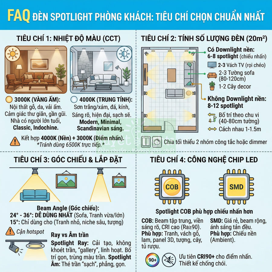 Hướng dẫn chọn đèn spotlight phòng khách theo nhiệt độ màu, số lượng, góc chiếu và công nghệ chip LED COB SMD