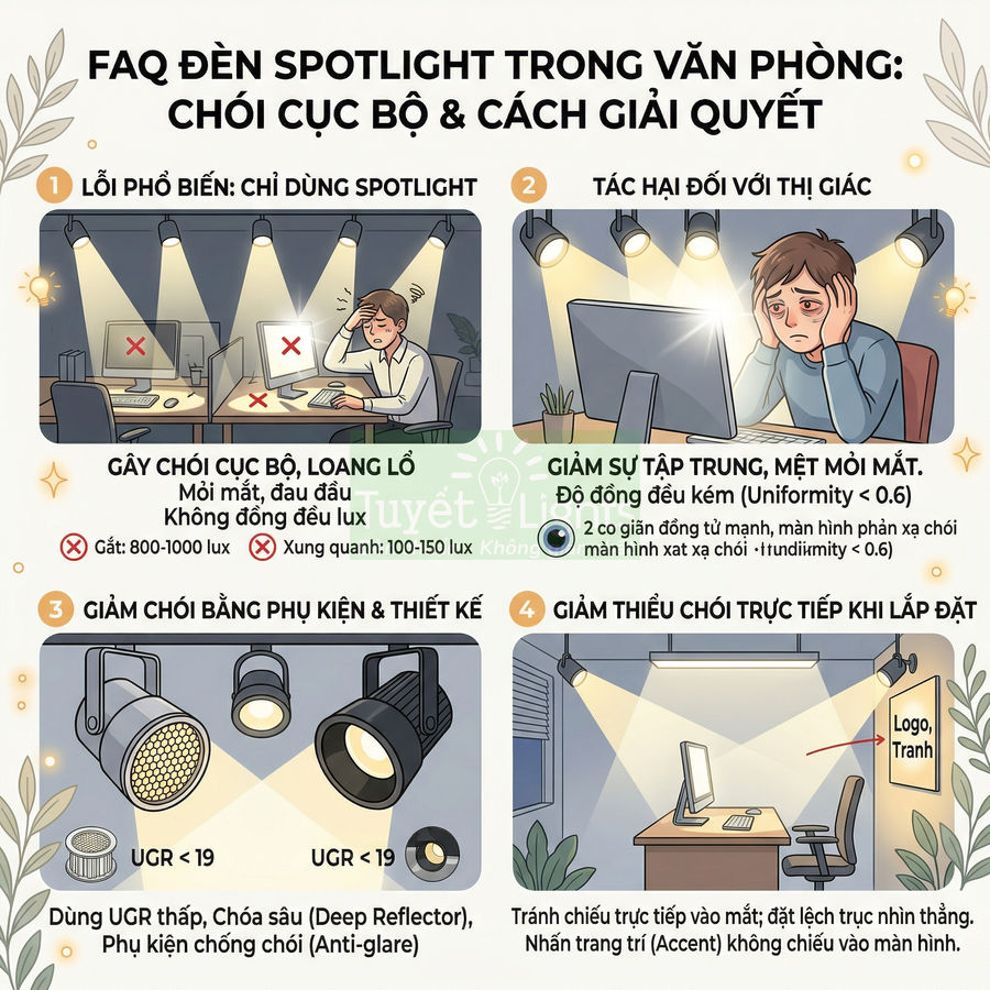 Infographic hướng dẫn chọn và lắp đặt đèn spotlight văn phòng để giảm chói, bảo vệ mắt và tăng tập trung