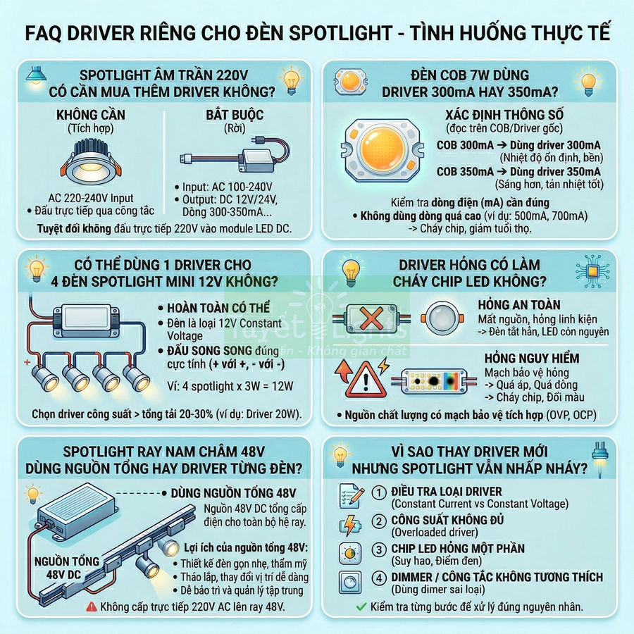 Infographic hướng dẫn chọn driver riêng cho đèn spotlight LED âm trần, COB, ray nam châm và mini 12V