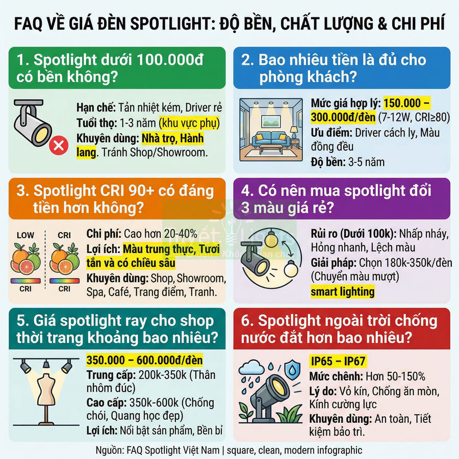 Infographic FAQ về giá đèn spotlight, so sánh độ bền, chất lượng và chi phí cho từng loại ứng dụng