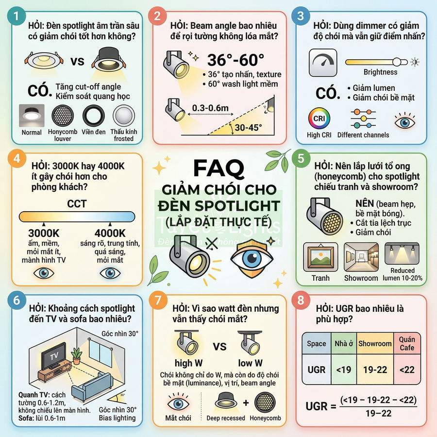 Infographic hướng dẫn chọn và lắp đặt đèn spotlight giảm chói cho phòng khách, TV, tranh treo tường và showroom